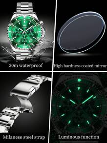 OLEVS. OLEVS Mens Watches Chronograph Luxury Dress Moon Phase Quartz Stainless Steel Waterproof Luminous Business Calendar Wrist Watch - 綠色 - 查看 6
