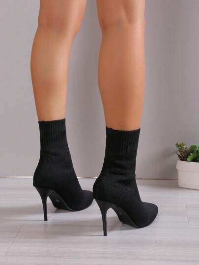 Women's High Heel Sock Boots Autumn And Winter New Style Pointed Toe Stiletto Stretch Short Boots Mid-calf Boots