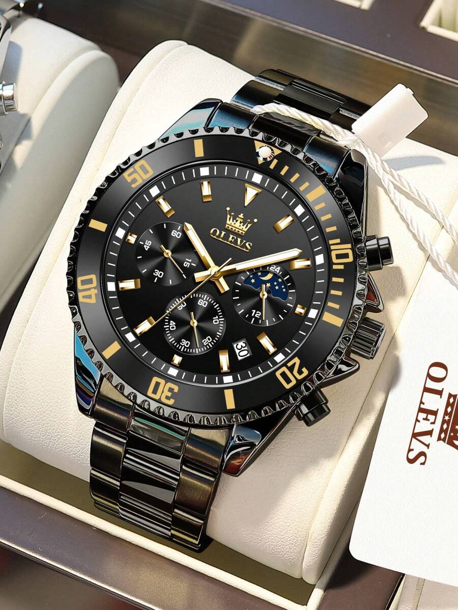 OLEVS. OLEVS Mens Watches Chronograph Luxury Dress Moon Phase Quartz Stainless Steel Waterproof Luminous Business Calendar Wrist Watch - 黑色 - 查看 1
