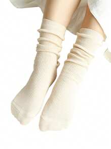 1 Pair Women's Classic Solid Color Knee High Socks, Versatile For All Seasons, Ivory White