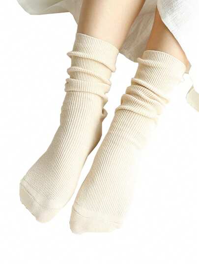 1 Pair Women's Classic Solid Color Knee High Socks, Versatile For All Seasons, Ivory White