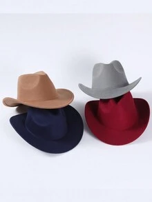 男女通用西式羊毛氈牛仔帽復古單色捲邊爵士帽戶外旅行登山寬檐帽 - 灰色 - 查看 2