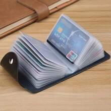 超薄简约钱包，前口袋钱包，男女通用信用卡夹，黑色带身份证窗口，纽扣闭合，多卡位透明窗口，卡槽，轻巧便携，适合办公室工作人员、节日、周年纪念日、生日、礼品配件、身份证夹、名片夹、信用卡夹、迷你钱包 - 黑色 - 查看 3