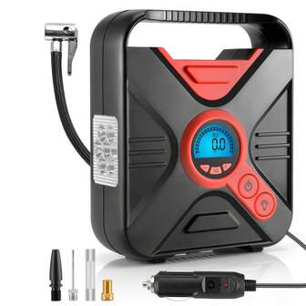 1pc Red Color Portable Digital Display Air Compressor Tire Inflator With Led Light, Preset Auto-stop Function, Fuse And Multiple Converters For Cars With 12v Cigarette Lighter, Bicycles, Basketballs, Footballs, Swimming Rings And Inflatable Toys