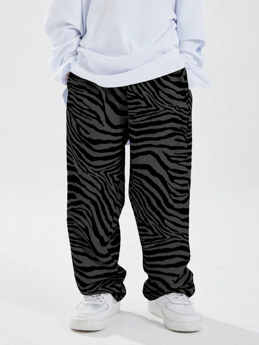 DKRD 男童斑馬紋直筒運動褲寬鬆休閒闊腿街舞褲春秋 - 深灰色 - 查看 1