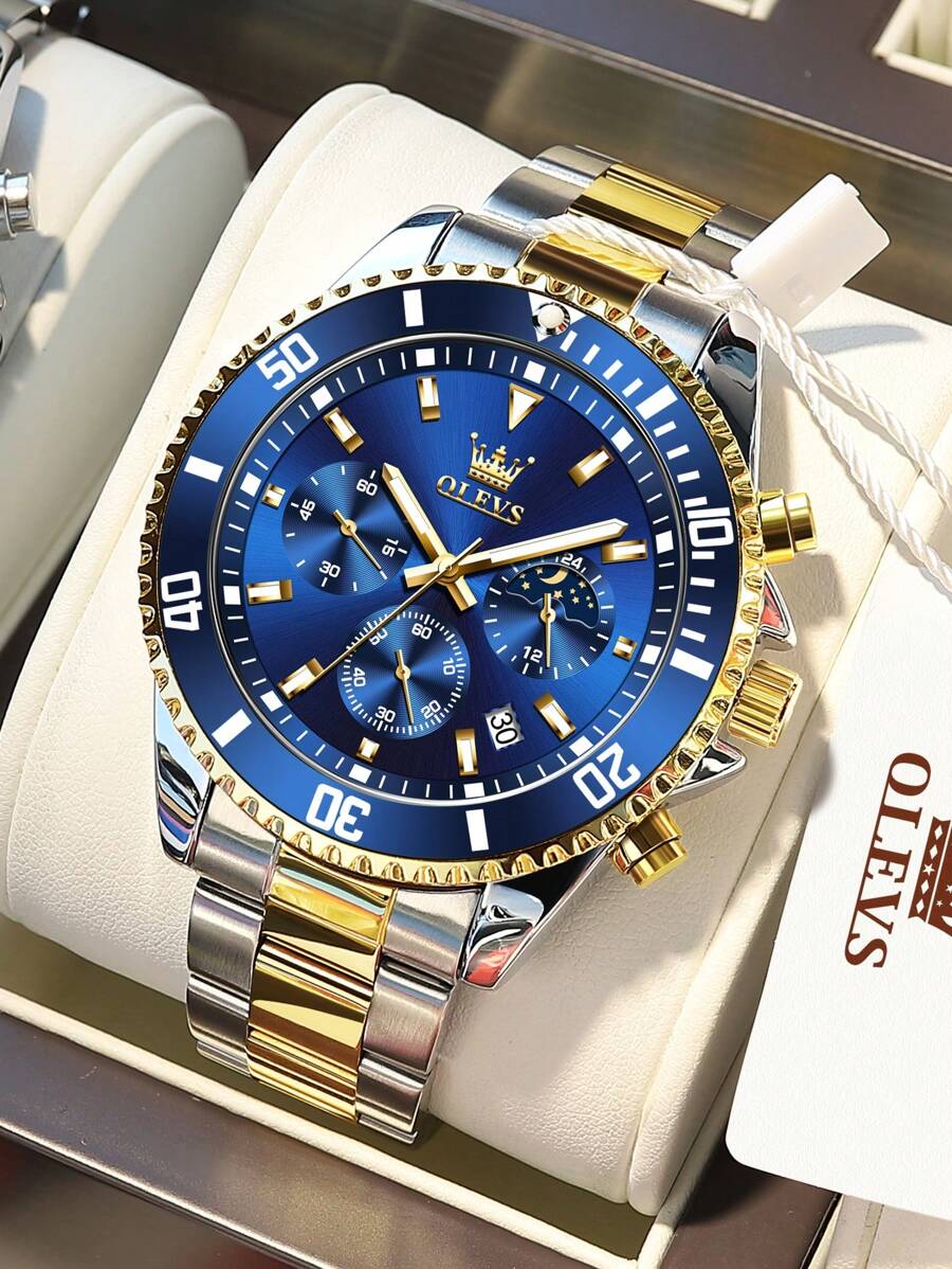 OLEVS. OLEVS Mens Watches Chronograph Luxury Dress Moon Phase Quartz Stainless Steel Waterproof Luminous Business Calendar Wrist Watch - 金藍色 - 查看 1