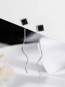 1 对时尚女士 925 纯银黑色方形玛瑙穿线耳环 - 銀色 - 查看 1