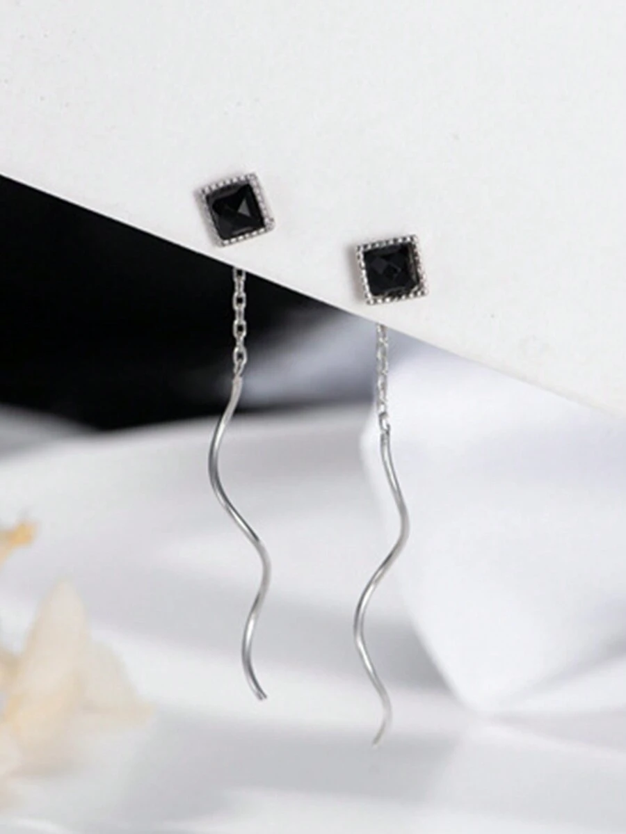 1 对时尚女士 925 纯银黑色方形玛瑙穿线耳环 - 銀色 - 查看 1
