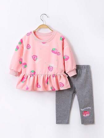2入組女孩可愛的草莓印花長袖拼接毛衣和打底褲套裝,適用於春秋季節