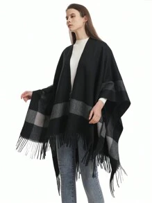 1 件女式大碼黑色人造羊絨流蘇披肩圍巾,兩用辦公毯,簡約時尚日常使用 - 黑色 - 查看 2