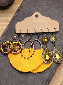 6pcs Vintage Tassel Combination Bohemian Style Asymmetric Holiday Earrings Set For Women - Yellow - View 11