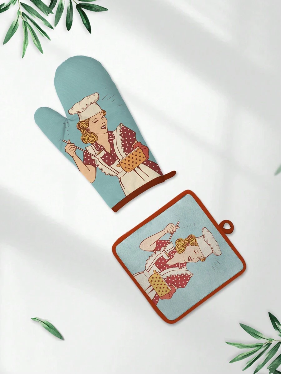 耐热烤箱手套和锅垫套装、妈妈图案卡通围裙微波炉手套、涤纶面料加厚双层隔热厨房烹饪手套和垫子、多功能家用炊具套装 - 藍色 - 查看 1