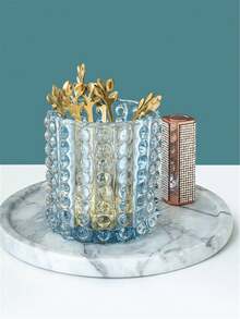 1pc Crystal Glass Makeup Brush Organizer With Comb And Eyebrow Pencil Storage Container - Blue - View 5