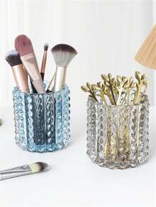 1pc Crystal Glass Makeup Brush Organizer With Comb And Eyebrow Pencil Storage Container - Blue - View 3