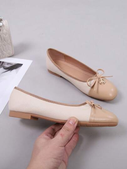 Women's Square Toe Chunky Heel Bowknot Decor Low Vamp Color-Blocked Flat Ballet Shoes
