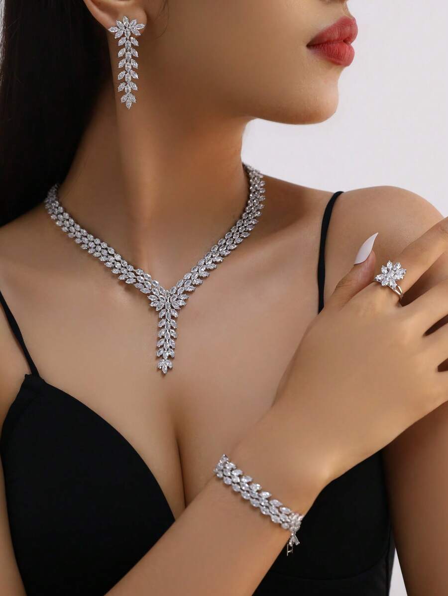 5入組高端奢華優雅鋯石新娘婚禮珠寶套裝，華麗裝飾，女士時尚派對配飾 - 銀色 - 查看 1