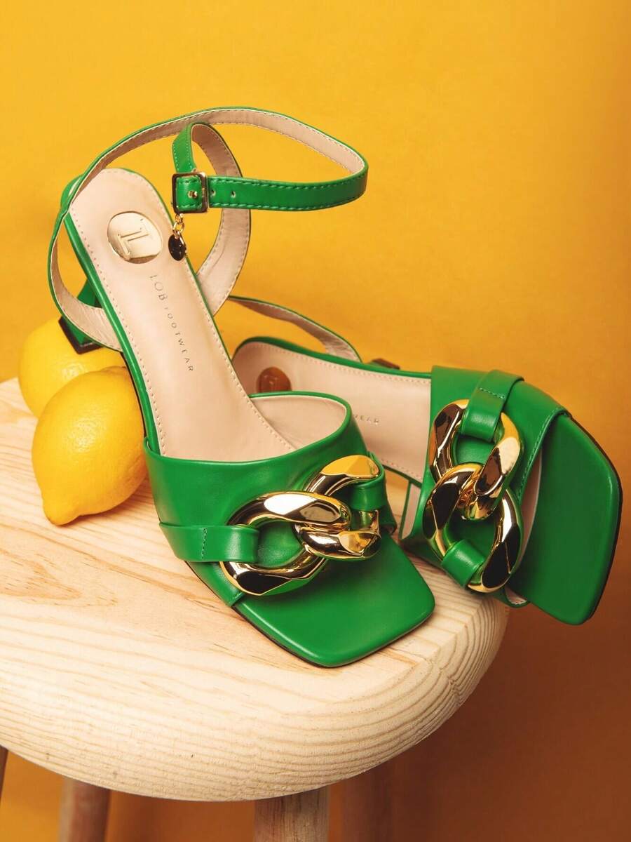 LOB Footwear Sculptural Heel Sandal, Gold Chain Detail, Elegant Emerald Green Fashion, For Women, 91703489 - Green - View 1