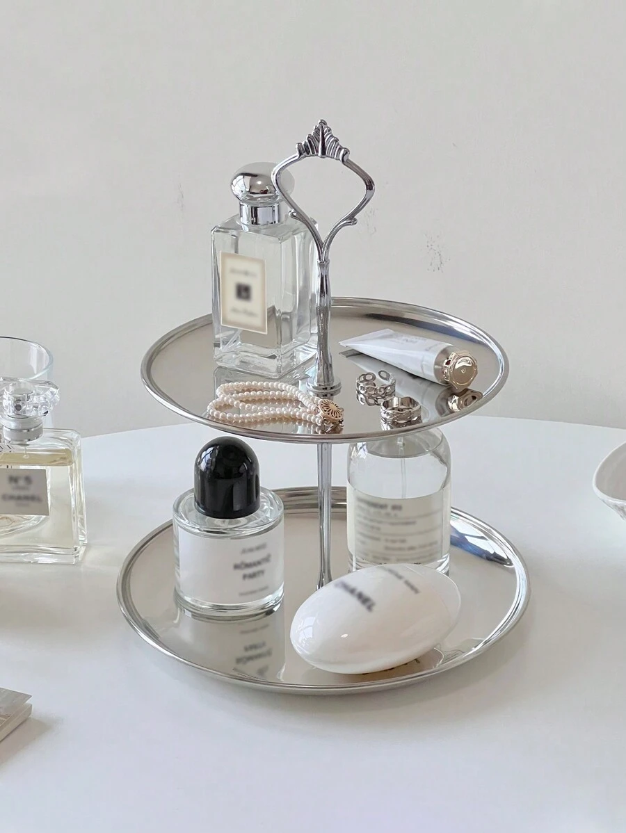 1 件优质双层香水和珠宝收纳托盘，优雅的银色钥匙和杂物收纳架，适用于办公桌，情人节返校礼物