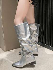 女款銀色高筒低跟時尚靴子 - 銀色 - 查看 4
