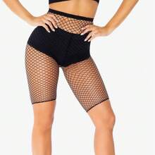 1 Par De Medias De Red Negras Con Agujero Estilo Ins Para Mujeres, Con Pantalones Cortos, Longitud De La Rodilla
