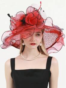 HIMESPORT 紅色點綴禮帽,婚禮新娘帽子女士花朵帽子,大邊絨布帽,非常適合在肯塔基州的德比賽中戴,帽飾上加有羽毛 - 紅色 - 查看 6