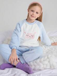 Annil Tween Girl Flannel Plush Home Quần Áo Mùa Đông Ấm Áp Mềm Dày Quần Pyjama Màu Xanh - Màu xanh lam - Xem 2