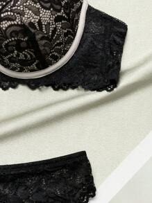 2pcs Women's Swimsuit Fabric + Lace Molded Cup Underwear Set With Steel Wire Ring Bra And Panties Lingerie - Black - View 5