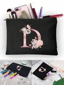 化妝包女士化妝袋錢包名字首字母為d圖案化妝工具收納袋婚禮晚會洗漱袋拉鍊手機錢包筆袋化妝袋手拿包伴娘化妝包化妝品收納盒化妝刷收納 - 黑色 - 查看 1