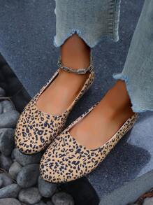 女士豹紋滑步平底鞋,圓頭,多功能,適合日常休閒穿著 - 棕色 - 查看 4