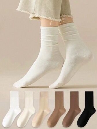 6 Pairs Assorted Solid Color Socks, Sports & Casual Women Mid-Calf Socks For Autumn/Winter
