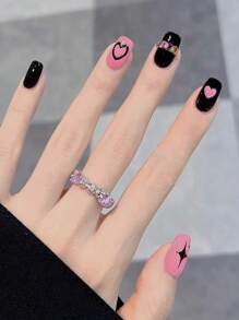 24入組流行多彩愛心鑽飾美甲和假指甲套裝,適合日常穿著、派對和跳舞,附魚膠膠水和指甲銼 - 彩色 - 查看 1