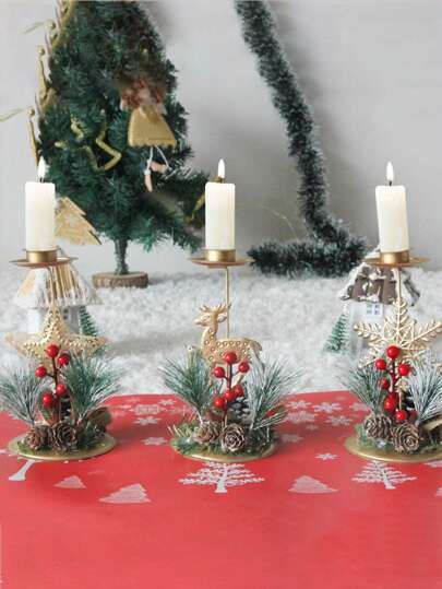 1pc Christmas Gold Iron Art Candle Holder With Deer, Snowflake & Five-pointed Star Design For Table Decoration