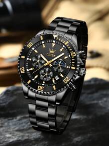 OLEVS. OLEVS Mens Watches Chronograph Luxury Dress Moon Phase Quartz Stainless Steel Waterproof Luminous Business Calendar Wrist Watch - 黑色 - 查看 2