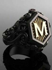 1入組時尚和創意個性化合金黑色雙色字母M紋理圖案圓環適合男士至穿戴日常和相片 - 黑色 - 查看 1