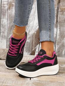 女式厚底透氣針織網布平底跑步鞋,休閒旅行鞋 - 玫紅色 - 查看 1