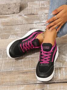 女式厚底透氣針織網布平底跑步鞋,休閒旅行鞋 - 玫紅色 - 查看 2