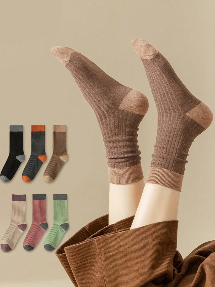 6 Pairs Assorted Solid Color Socks Set, Women High Tube Socks For Sports & All Match, Autumn/Winter - Multicolor - View 1