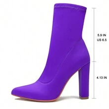 Women's Pointed Toe Ankle Boots Block Chunky Heel Ankle Boot High Heel Booties Stretch Lycra High Heeled Boots Fashion Short Boots - 紫色 - 查看 4