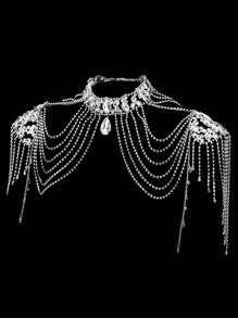 1pc Bridal Rhinestone Shoulder Necklace Chain, Elegant Accessory For Wedding Dress, Suitable For Wedding, Sexy Photo Shoot And Party - Silver - View 3