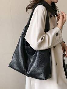 1入組素色PU皮革單肩包,大容量極簡風格設計合適的適用於女性日常通勤和休閒穿戴 - 黑色 - 查看 5