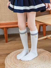 2 Pairs Girls' Cartoon Print Straight Mid-Calf Socks, Thin Design, Suitable For Everyday Wear, All Season