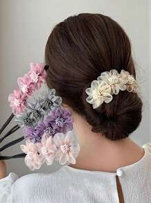 1 件随机颜色花形发夹，适合女士、波西米亚风情人节发髻制作器、发饰、发夹、发夹、学校用品、度假装女士 - 查看 1