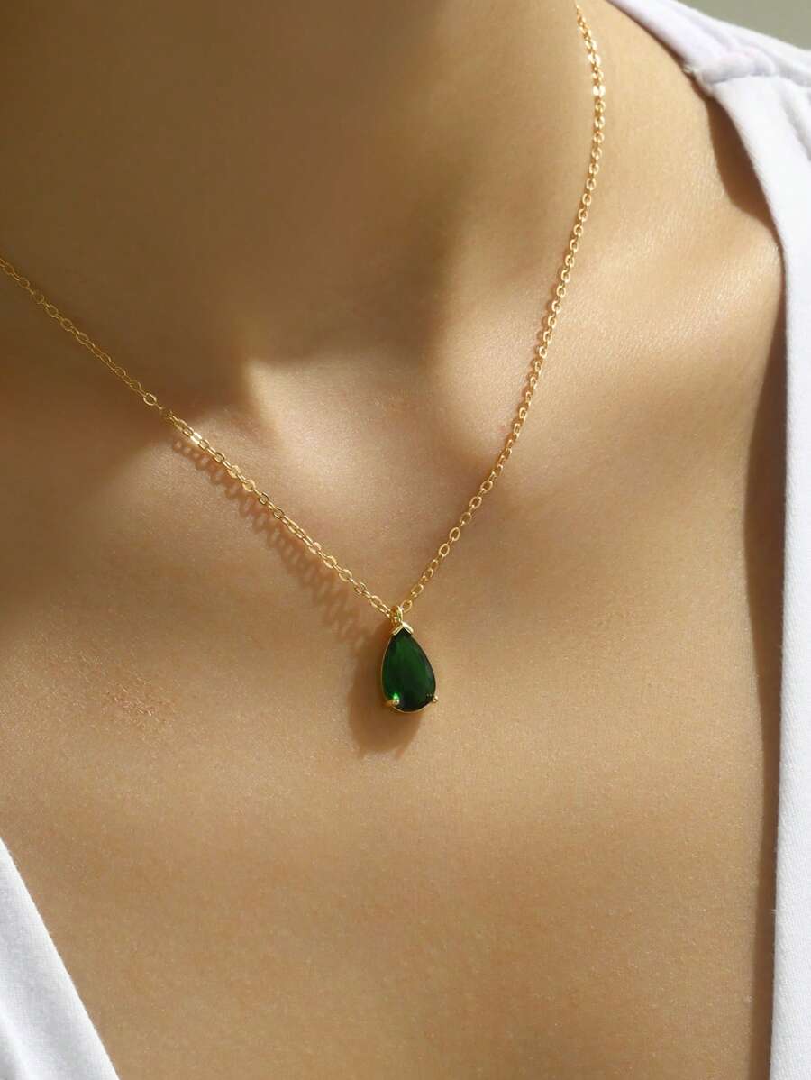 A4445 1pc Exquisite Vintage Green Pendant Necklace, Women's Minimalist Jewelry Gift - Yellow Gold - View 1