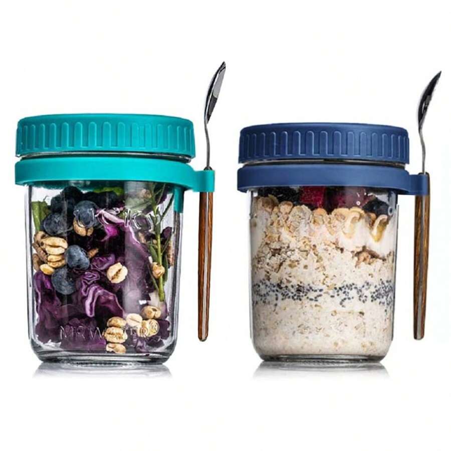 2入組,帶匙的便攜式隔夜燕麥罐,350ml(約12oz)容量的玻璃梅森罐,適用於穀物、牛奶、蔬菜、水果和酸奶,帶有測量刻度的沙拉容器
