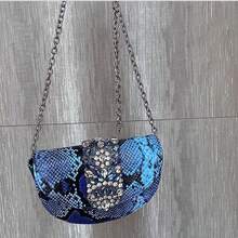 復古鱷魚新月形鞍包,金屬光澤宴會鑽石手提斜背包,派對夜晚必備 - 藍色 - 查看 4