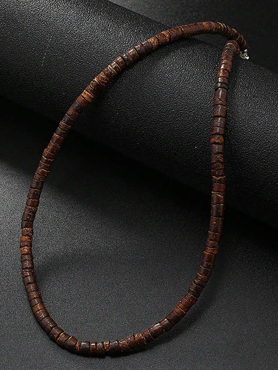1pc Vintage Bohemian Style Necklace With Brown Coconut Wood Beads For Men's Summer Accessory - Coffee - View 1