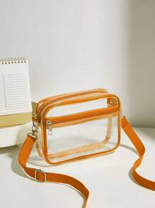 休闲透明斜挎包，简约时尚 PVC 拉链单肩包，配有可调节肩带，体育场认可 12*12*6 透明钱包，适用于音乐会、体育赛事和节日，时尚透明、透明防水女士包，非常适合夏季、度假和海滩 - 橘色 - 查看 2