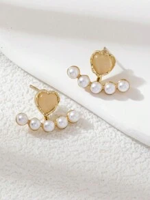 1對女士貓眼石和心形和金色吊墜珍珠耳釘 - 金色 - 查看 1