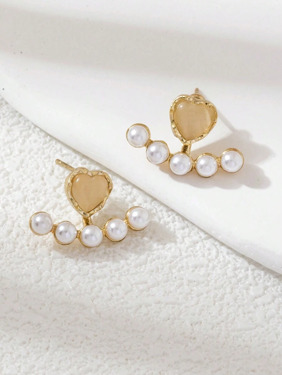 1對女士貓眼石和心形和金色吊墜珍珠耳釘 - 金色 - 查看 1