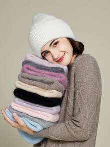 FADZOYLE 1顶白色宽松翻边针织帽，女士冬季保暖舒适滑雪帽，男女通用成人款 - 白色 - 查看 7